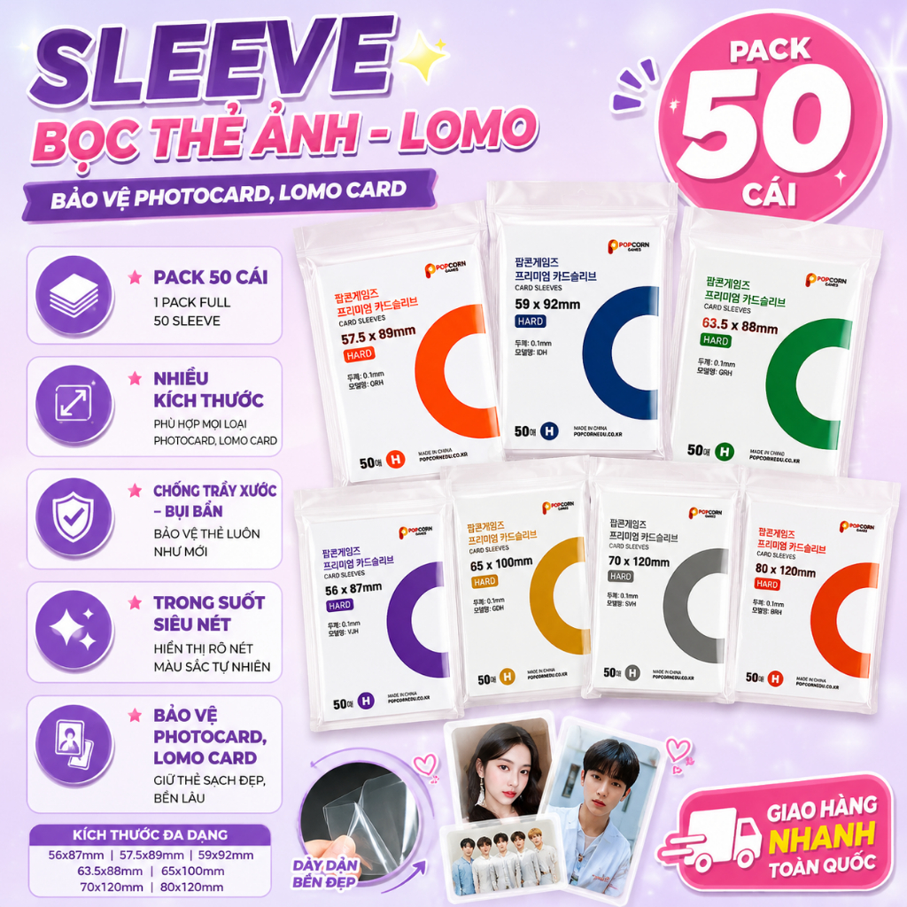 Sleeve Popcorn bọc card siêu dày Pack 50 hard túi đựng photocard, thẻ ảnh, thẻ bài thần tượng Kpop