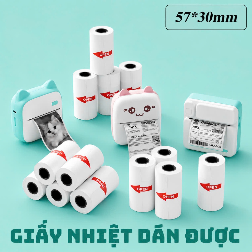 [COMBO 20 CUÔN] Giấy in nhiệt dán được in bill Bluetooth con mèo ...máy in cầm tay có sẵn keo [20 cuộn LIÊN TỤC MINI]