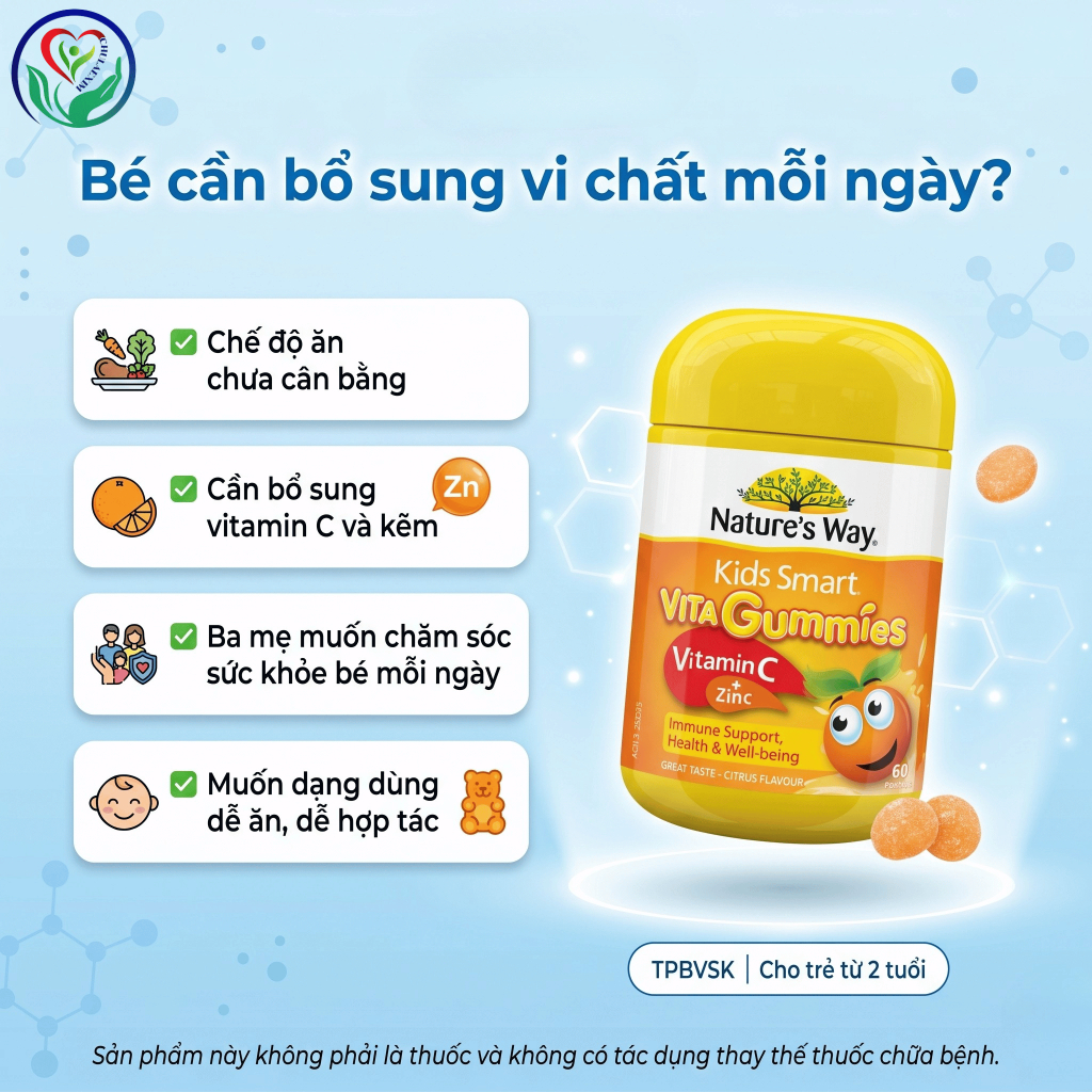 Kẹo dẻo Nature’s Way Kids Smart Vita Gummies Vitamin C + Zinc 60 viên hỗ trợ sức đề kháng cho trẻ