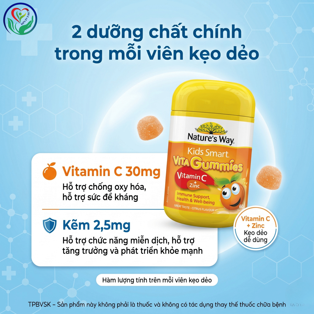 Kẹo dẻo Nature’s Way Kids Smart Vita Gummies Vitamin C + Zinc 60 viên hỗ trợ sức đề kháng cho trẻ