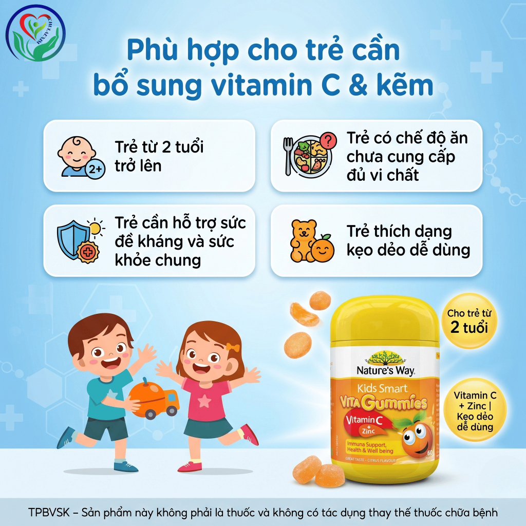 Kẹo dẻo Nature’s Way Kids Smart Vita Gummies Vitamin C + Zinc 60 viên hỗ trợ sức đề kháng cho trẻ
