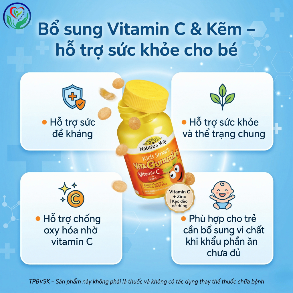 Kẹo dẻo Nature’s Way Kids Smart Vita Gummies Vitamin C + Zinc 60 viên hỗ trợ sức đề kháng cho trẻ