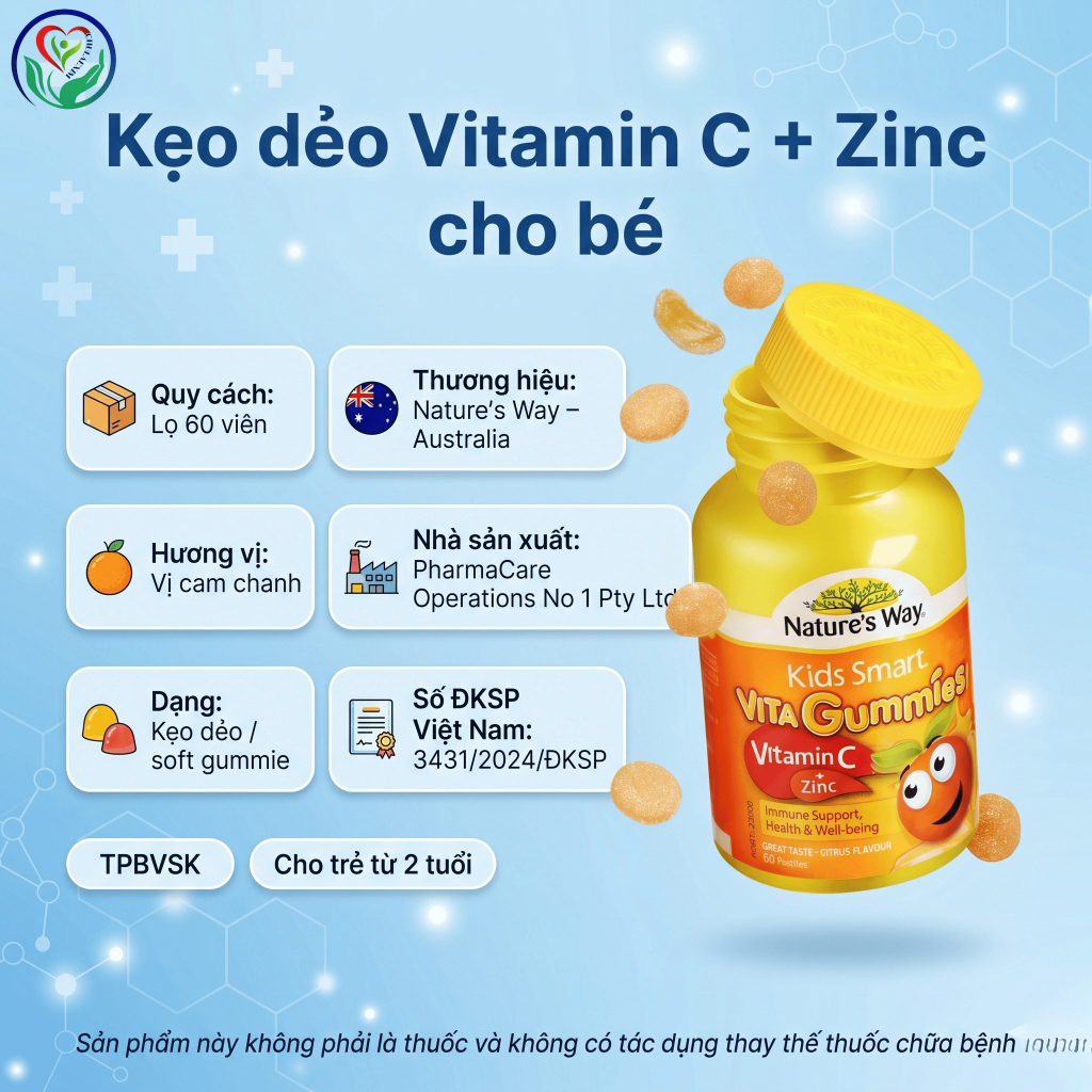 Kẹo dẻo Nature’s Way Kids Smart Vita Gummies Vitamin C + Zinc 60 viên hỗ trợ sức đề kháng cho trẻ