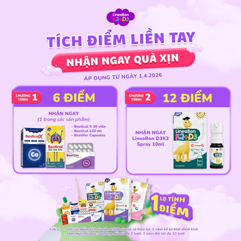 Lineabon K2+D3 bổ sung vitamin d3 cho trẻ sơ sinh, giúp hấp thụ d3k2 canxi, giảm còi xương, tăng chiều cao