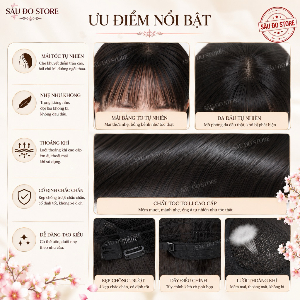 TÓC GIẢ NGUYÊN ĐẦU DIỆN ĐI LỄ, CHỤP ÁO DÀI - TÓC GIẢ NGUYÊN ĐẦU LƯỚI HOA CÓ DA ĐẦU - TẶNG LƯỚI TRÙM