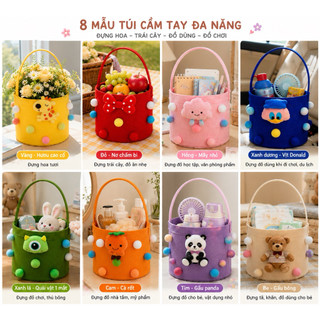 Giỏ đựng đồ mini dễ thương có quai xách – túi vải nỉ hình thú hoạt hình, decor xinh xắn, đựng quà bánh đồ chơi