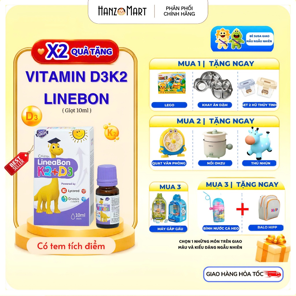 Lineabon K2+D3 bổ sung vitamin d3 cho trẻ sơ sinh, giúp hấp thụ d3k2 canxi, giảm còi xương, tăng chiều cao