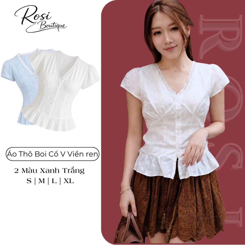 Áo kiểu nữ tay con cổ V viền ren vải mỏng nhẹ, phong cách Hàn Quốc thanh lịch xinh xắn 2026 B13