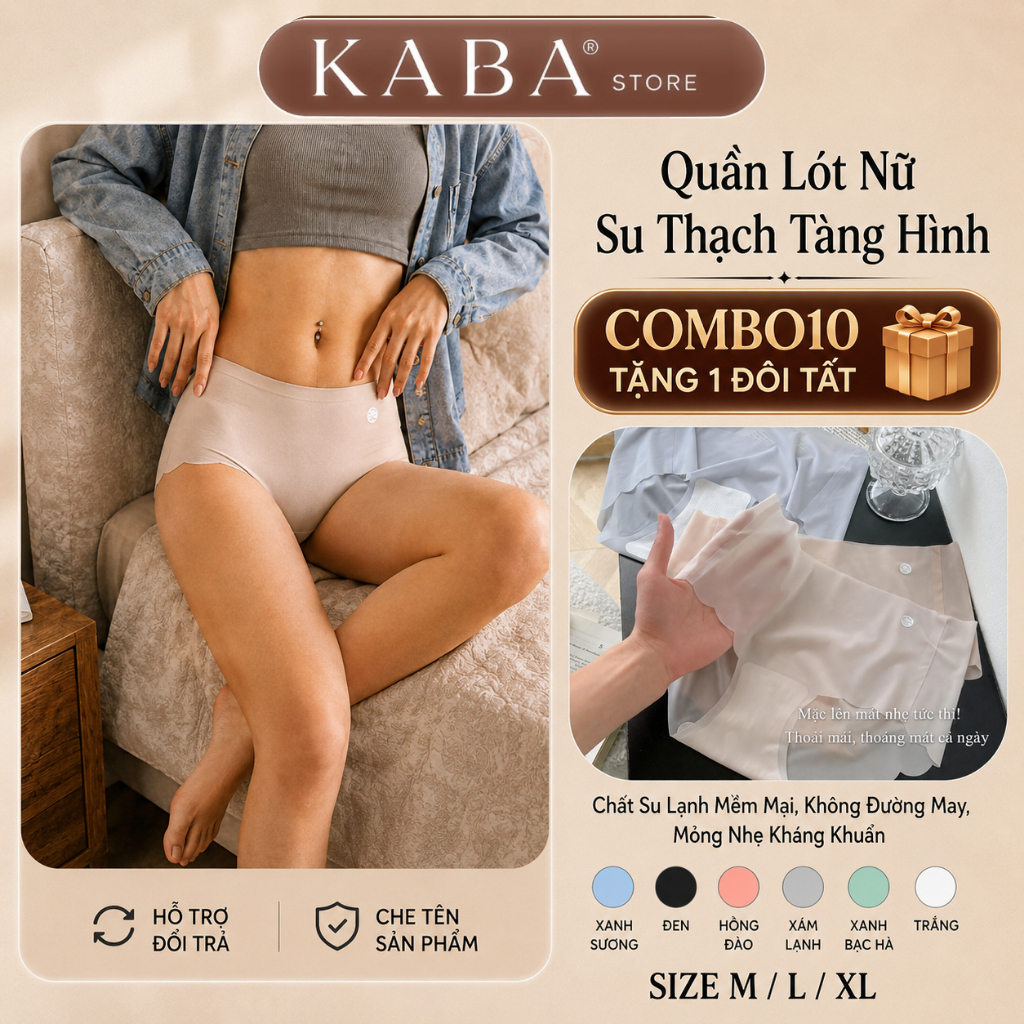 [KABA] Combo 10 Quần Lót Nữ Su Thạch Tàng Hình, Không Đường May, Mỏng Nhẹ Kháng Khuẩn