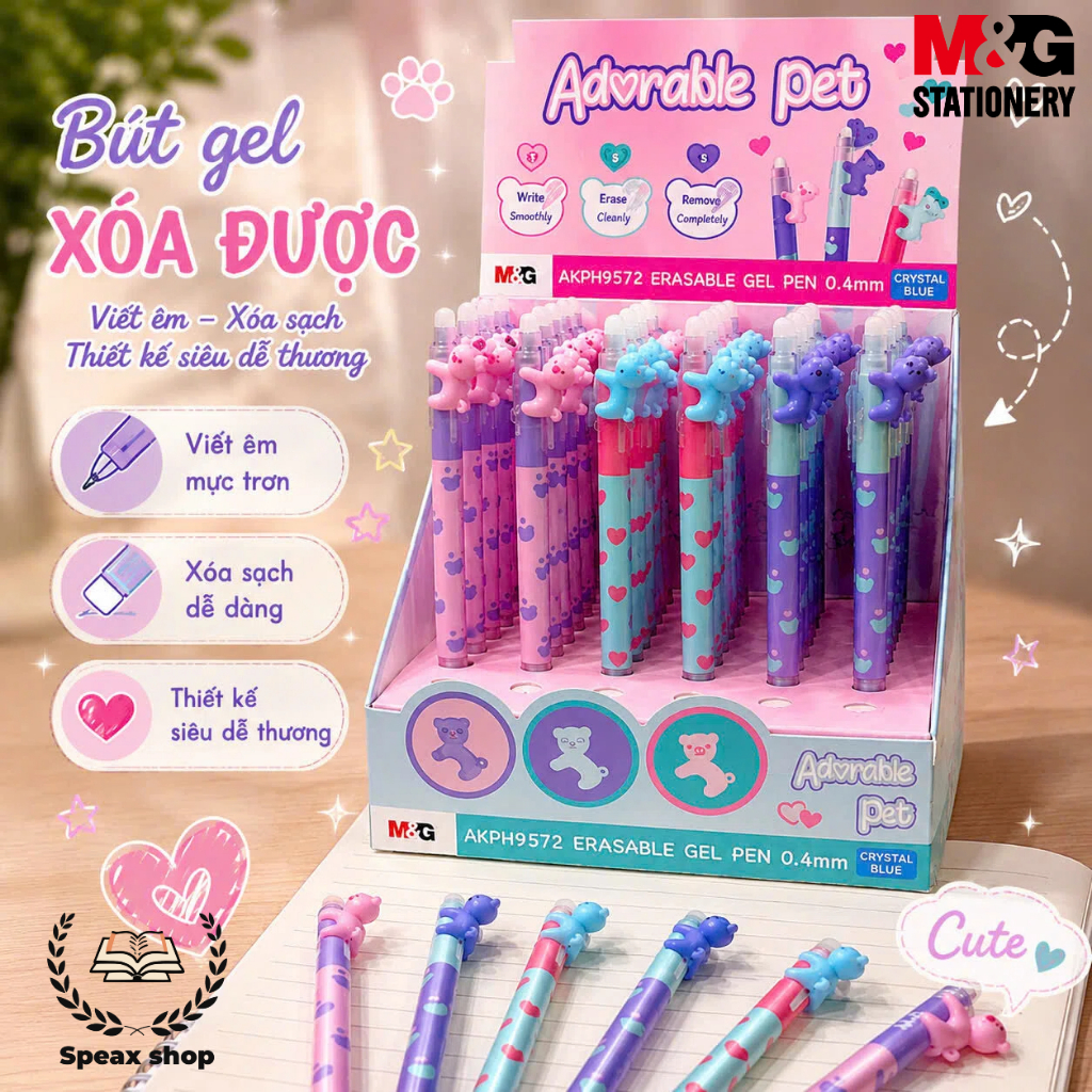 Bút Gel Xóa Được M&G 9572 0.4mm Xanh Lợt – Bút Bấm Đầu Hình Gấu Leo Cây Cute, Mực Mịn Xóa Sạch Cho Nữ Sinh