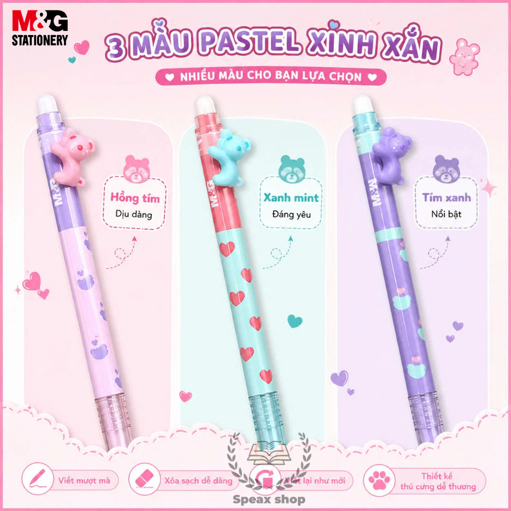 Bút Gel Xóa Được M&G 9572 0.4mm Xanh Lợt – Bút Bấm Đầu Hình Gấu Leo Cây Cute, Mực Mịn Xóa Sạch Cho Nữ Sinh