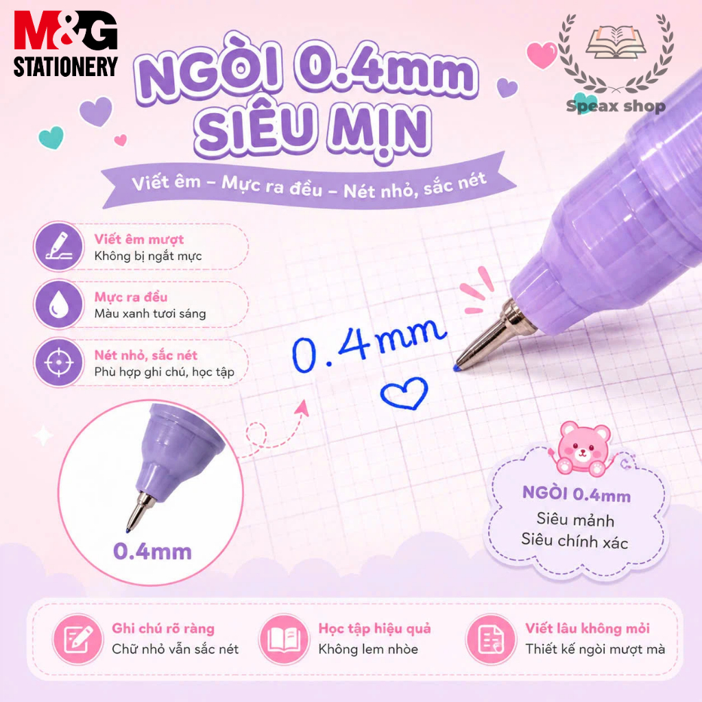 Bút Gel Xóa Được M&G 9572 0.4mm Xanh Lợt – Bút Bấm Đầu Hình Gấu Leo Cây Cute, Mực Mịn Xóa Sạch Cho Nữ Sinh