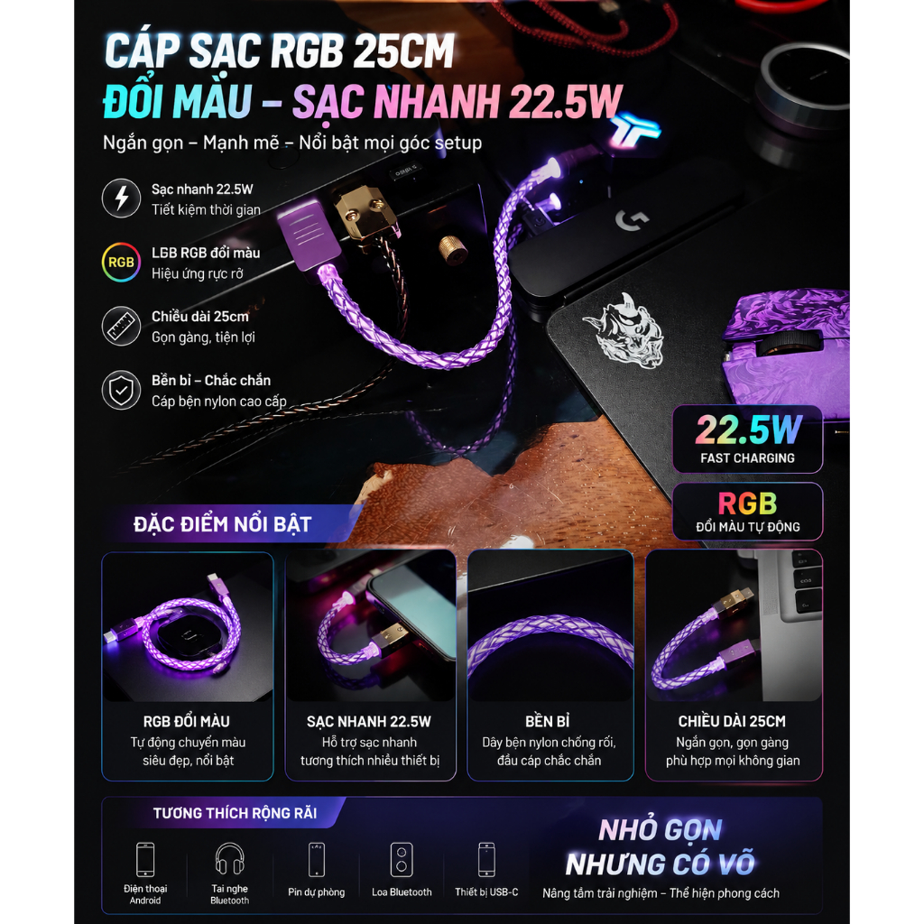 Cáp sạc USB Type C 25cm - Có RGB đổi màu - Hỗ trợ sạc nhanh 22.5W - Phù hợp decor setup