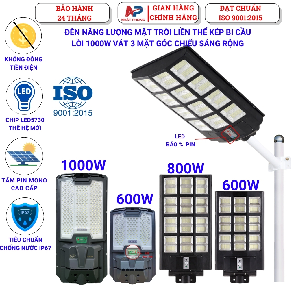 Đèn năng lượng mặt trời NP Nhật Phong siêu sáng loại liền thể  400W 600W 800W,cảm biến chuyển động bảo hành 2 năm