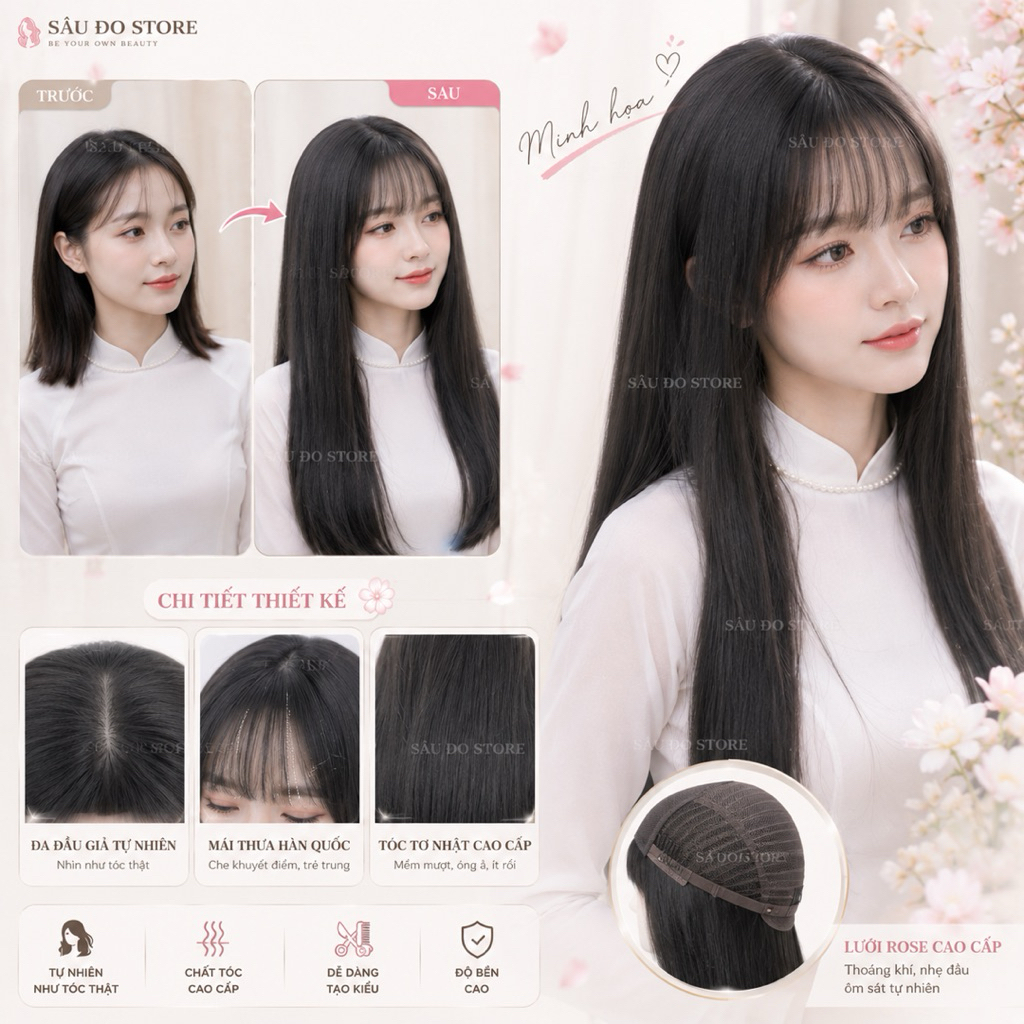 [TẶNG LƯỚI TRÙM] TÓC GIẢ BỘ DÀI THẲNG CÓ DA ĐẦU ĐỦ MÀU LƯỚI HOA - TÓC GIẢ DIỆN TẾT ÁO DÀI, ĐI LỄ ĐI CHÙA ĐỘI TỰ NHIÊN