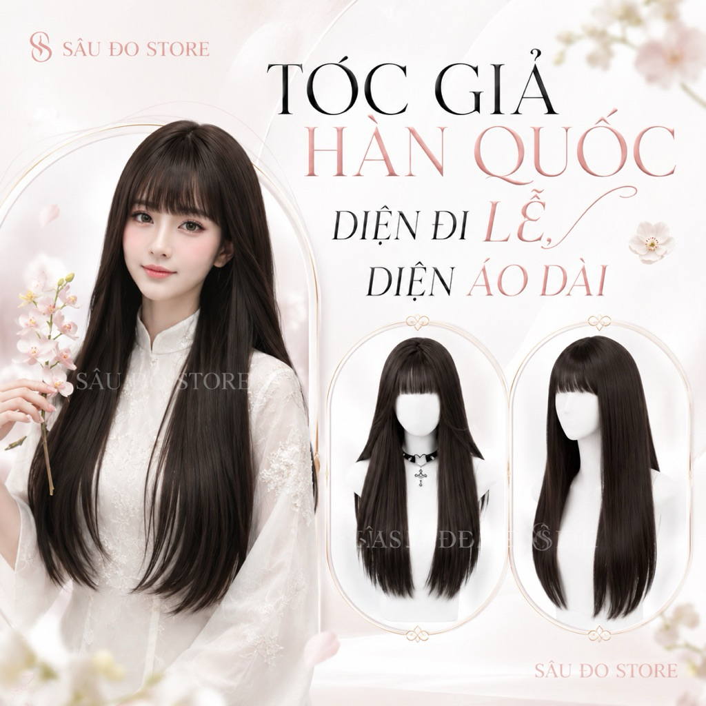[TẶNG LƯỚI TRÙM] TÓC GIẢ BỘ DÀI THẲNG CÓ DA ĐẦU ĐỦ MÀU LƯỚI HOA - TÓC GIẢ DIỆN TẾT ÁO DÀI, ĐI LỄ ĐI CHÙA ĐỘI TỰ NHIÊN
