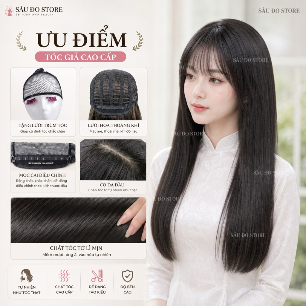 [TẶNG LƯỚI TRÙM] TÓC GIẢ BỘ DÀI THẲNG CÓ DA ĐẦU ĐỦ MÀU LƯỚI HOA - TÓC GIẢ DIỆN TẾT ÁO DÀI, ĐI LỄ ĐI CHÙA ĐỘI TỰ NHIÊN