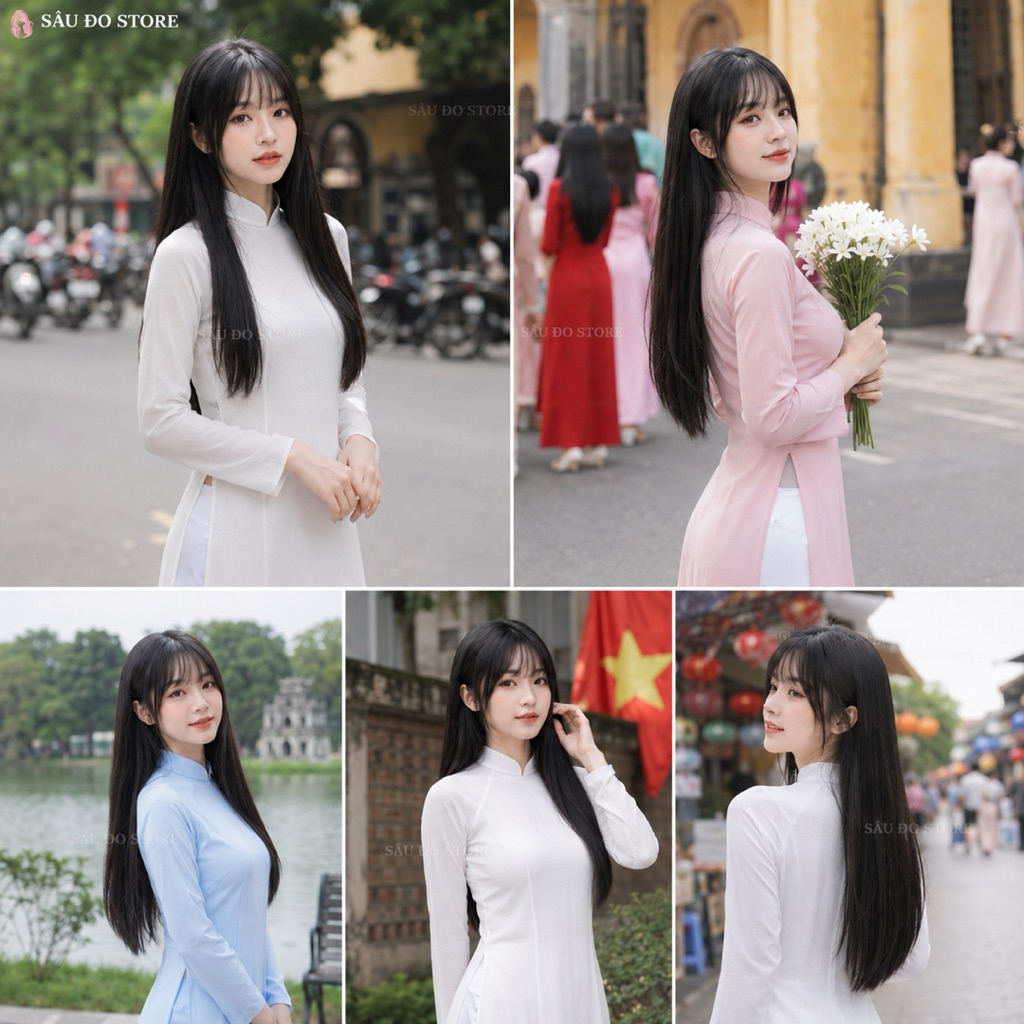 [TẶNG LƯỚI TRÙM] TÓC GIẢ BỘ DÀI THẲNG CÓ DA ĐẦU ĐỦ MÀU LƯỚI HOA - TÓC GIẢ DIỆN TẾT ÁO DÀI, ĐI LỄ ĐI CHÙA ĐỘI TỰ NHIÊN