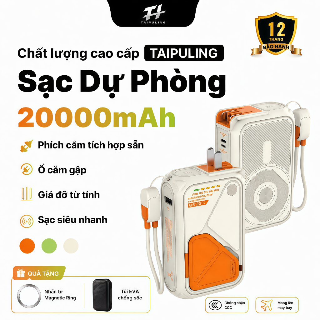 Sạc Dự Phòng Chính Hãng, Hỗ Trợ Sạc Không Dây,Củ Sạc có chứng nhận CCC,BH 12 Tháng