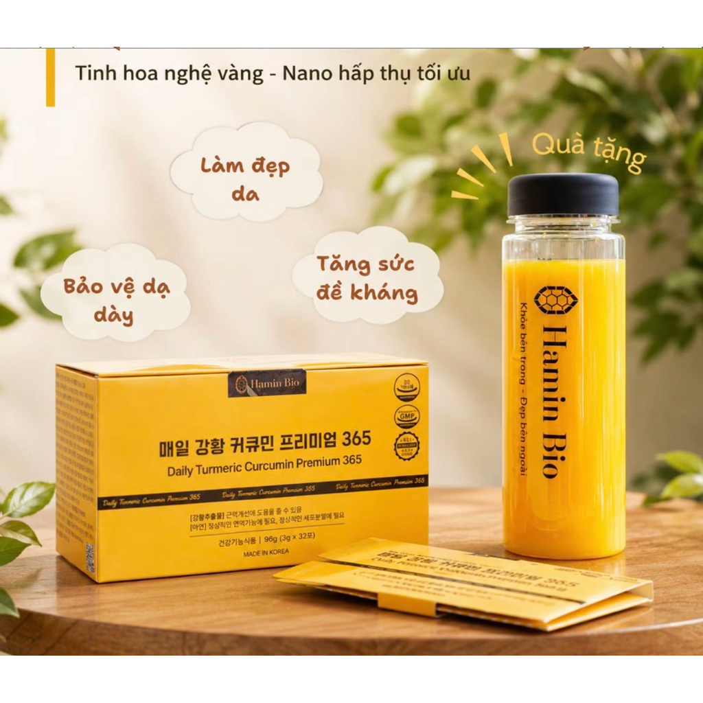 Tinh Nghệ Nano 365 Curcumin Premium Hamin Bio Hàn Quốc 32 tép - Đẹp Da, Dạ Dày Khỏe, Tiêu Hóa Tốt, Tặng Bình 500ML