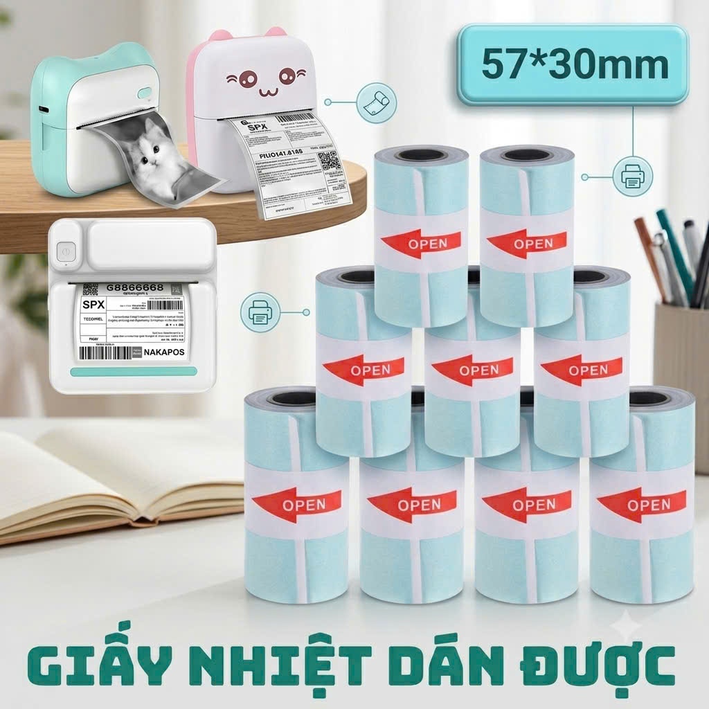 Giấy in bill K57x30 DÁN ĐƯỢC giấy in hóa đơn giấy in nhiệt cho dòng Mini in đơn hàng in vận đơn K57*30 cuộn lẻ