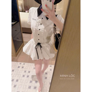 Đầm sơ mi Miu rút dây eo chân bồng kèm quần