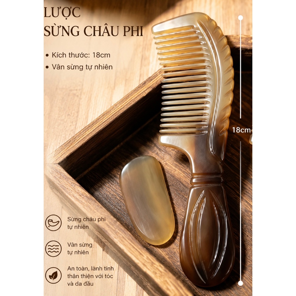 Lược Sừng Tự Nhiên Châu Phi 18cm - Lược Sừng Bò Cao Cấp, Giảm Gãy Rụng Tóc, Chăm Sóc Tóc Mượt Mà