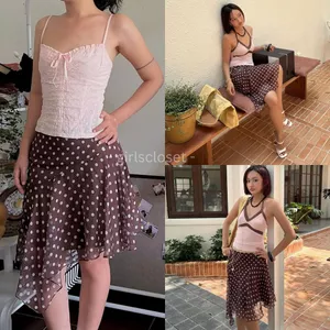 Chân Váy Lụa Chấm Bi Nâu Cạp Trễ Tà Lệch Cách Điệu GIRLSCLOSET