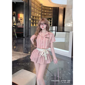 Set áo kẻ sơmi mix cvay ly kèm gấu cute cưng xỉu SM