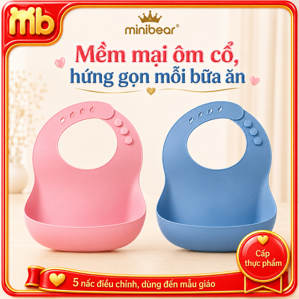 Yếm Ăn Dặm Silicone Cho Bé Mini Bear Có Máng Hứng 3D Sâu Rộng - Yếm Ăn Dặm Mềm Dẻo Điều Chỉnh 6 Nấc Tiện Lợi
