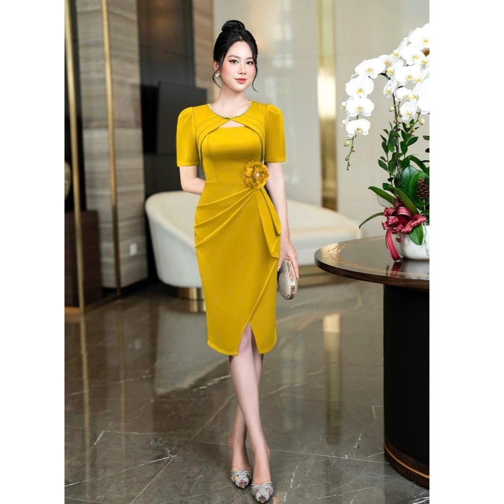 Váy Dự Tiệc Trung Niên Bigsize - Đầm Dự Tiệc Thiết Kế Sang Trọng Cổ Tròn Khoét Ngực Eo Đính Bông TK9