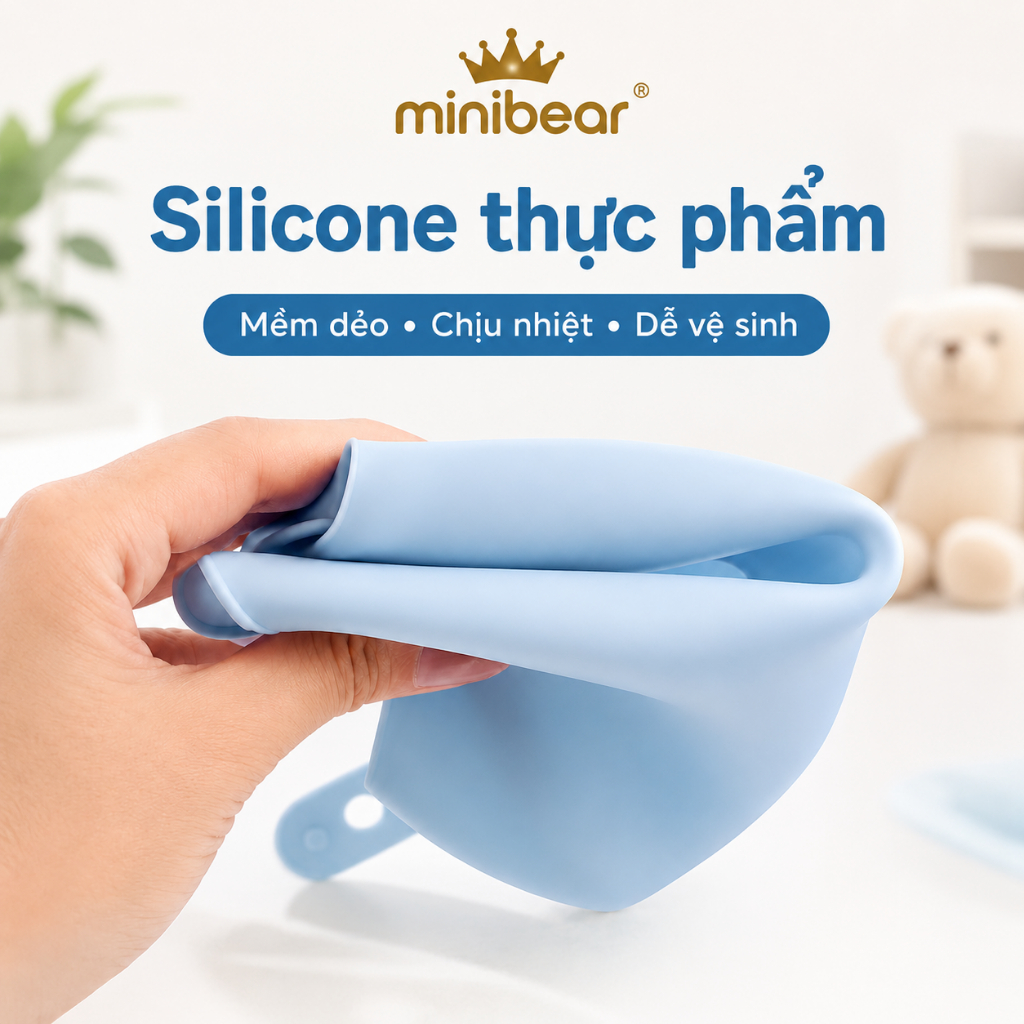 Yếm Ăn Dặm Silicone Cho Bé Mini Bear Có Máng Hứng 3D Sâu Rộng - Yếm Ăn Dặm Mềm Dẻo Điều Chỉnh 6 Nấc Tiện Lợi