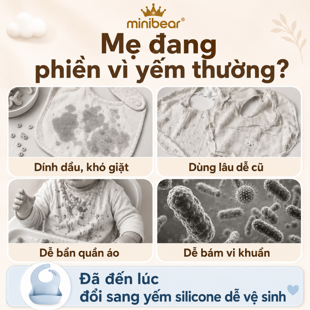 Yếm Ăn Dặm Silicone Cho Bé Mini Bear Có Máng Hứng 3D Sâu Rộng - Yếm Ăn Dặm Mềm Dẻo Điều Chỉnh 6 Nấc Tiện Lợi