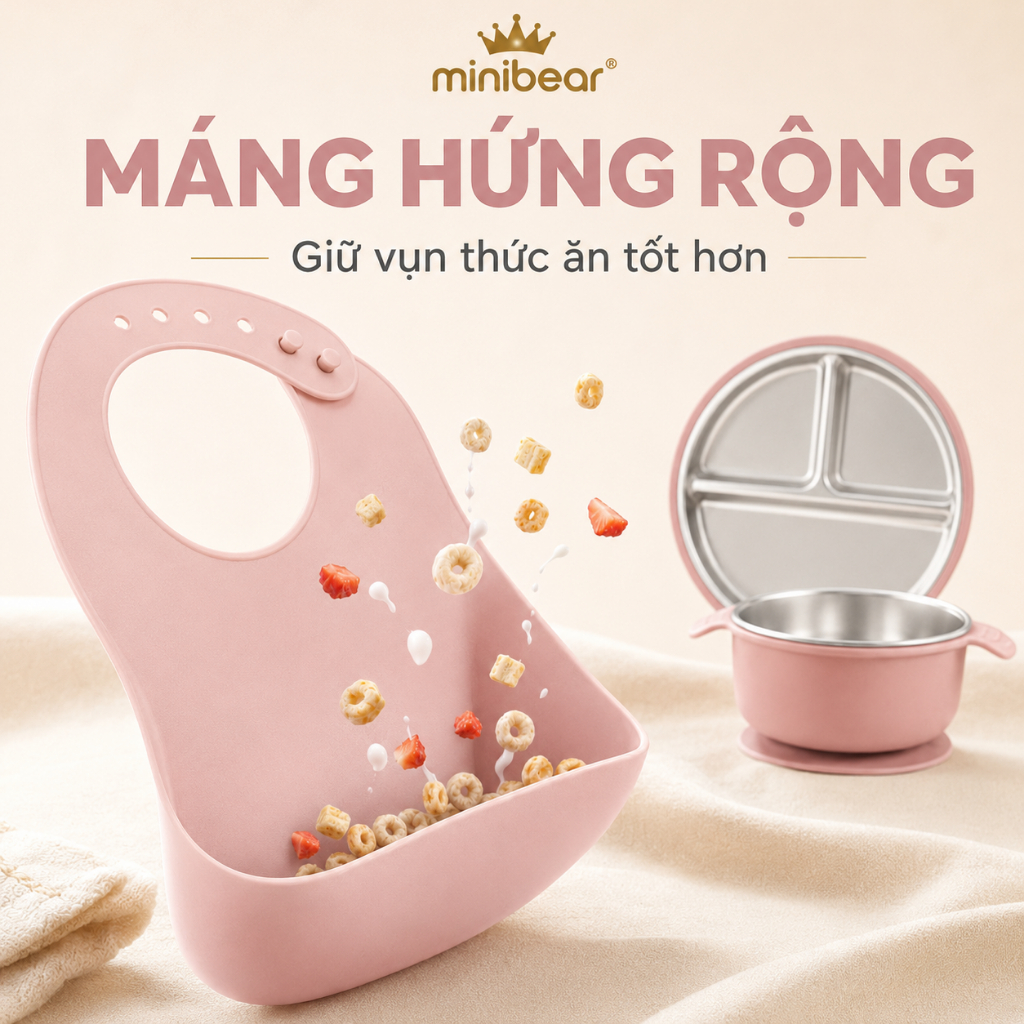 Yếm Ăn Dặm Silicone Cho Bé Mini Bear Có Máng Hứng 3D Sâu Rộng - Yếm Ăn Dặm Mềm Dẻo Điều Chỉnh 6 Nấc Tiện Lợi