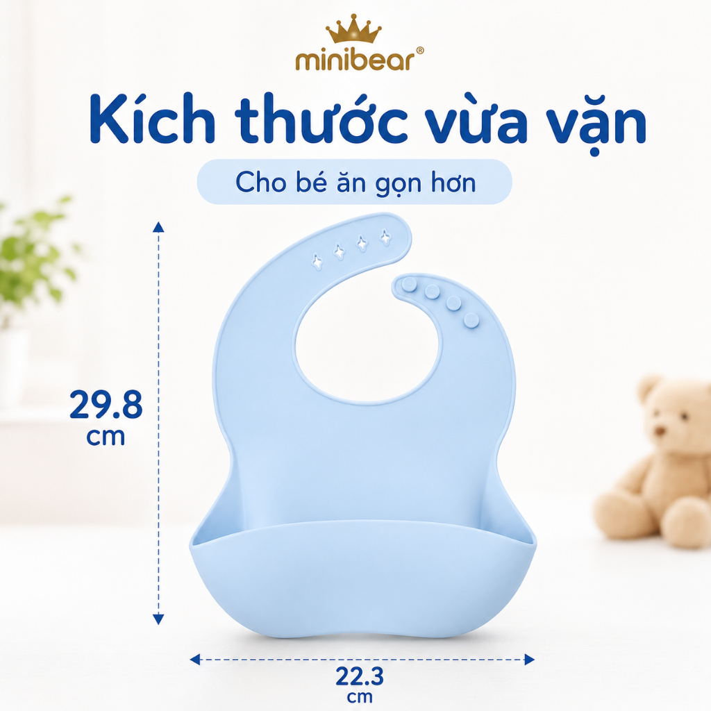 Yếm Ăn Dặm Silicone Cho Bé Mini Bear Có Máng Hứng 3D Sâu Rộng - Yếm Ăn Dặm Mềm Dẻo Điều Chỉnh 6 Nấc Tiện Lợi