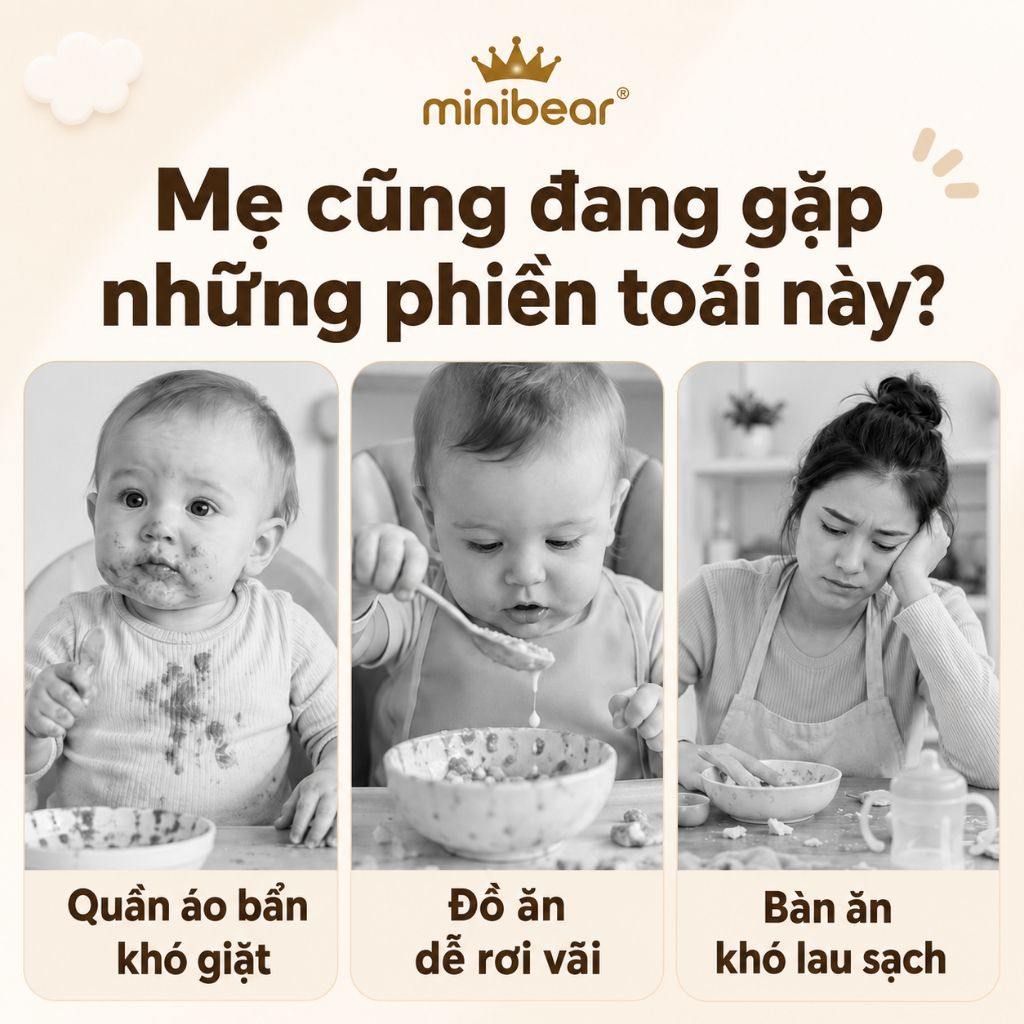 Yếm Ăn Dặm Silicone Cho Bé Mini Bear Có Máng Hứng 3D Sâu Rộng - Yếm Ăn Dặm Mềm Dẻo Điều Chỉnh 6 Nấc Tiện Lợi