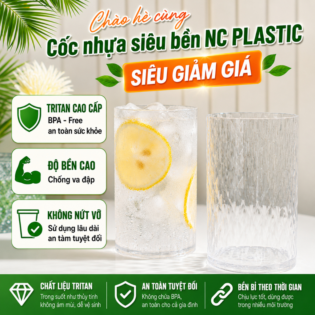 Cốc Tritan Cao Cấp NC Plastic 400ml – Không Chứa BPA, Chịu Nhiệt Đến 100°C, An Toàn Sức Khỏe