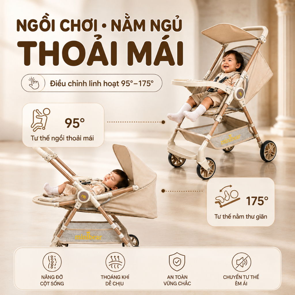 Xe Đẩy Du Lịch Siêu Nhẹ Mini Bear – Gấp Gọn, Cho Bé Sơ Sinh 0-6 Tuổi, Chống Sốc Tốt, Có Sẵn