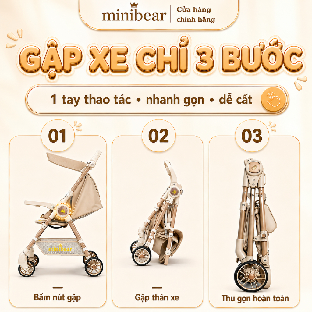 Xe Đẩy Du Lịch Siêu Nhẹ Mini Bear – Gấp Gọn, Cho Bé Sơ Sinh 0-6 Tuổi, Chống Sốc Tốt, Có Sẵn