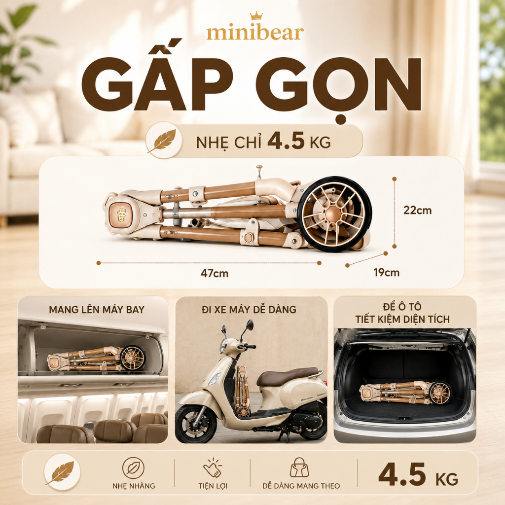 Xe Đẩy Du Lịch Siêu Nhẹ Mini Bear – Gấp Gọn, Cho Bé Sơ Sinh 0-6 Tuổi, Chống Sốc Tốt, Có Sẵn