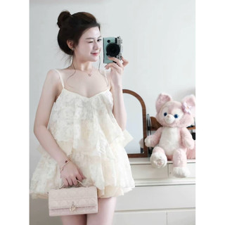 Set Bộ Áo 2 Dây Ren Tầng Phối Quần Boom Hot Hit Hồng Be