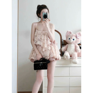 Set Bộ Áo 2 Dây Ren Tầng Phối Quần Boom Hot Hit Hồng Be