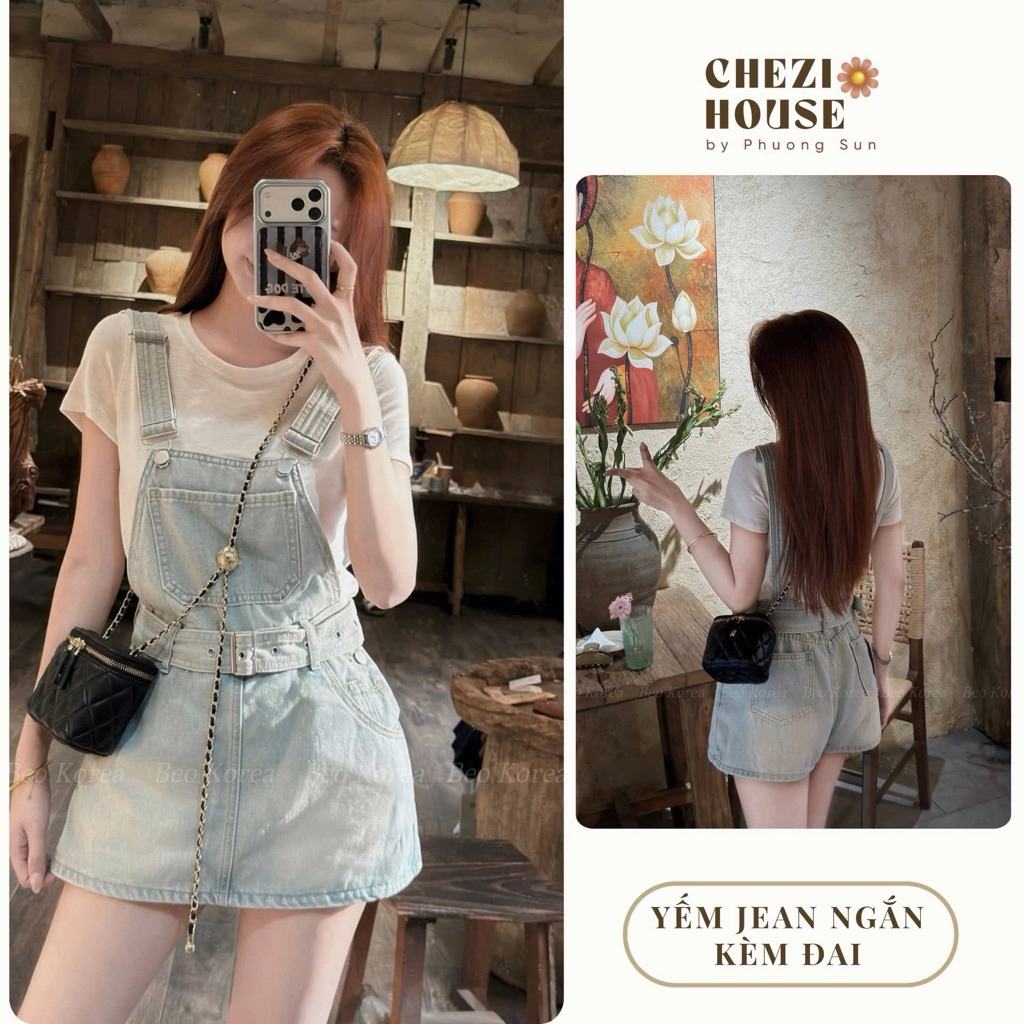 Yếm Jean Nữ Giả Váy Xanh Nhạt   #8615 Dáng Ngắn Kèm Dây Lưng CHEZI HOUSE hack dáng
