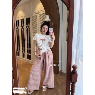 Set Bộ Nữ Áo Thun Trắng Babytee Quần Suông Kẻ QCCC Cao Cấp