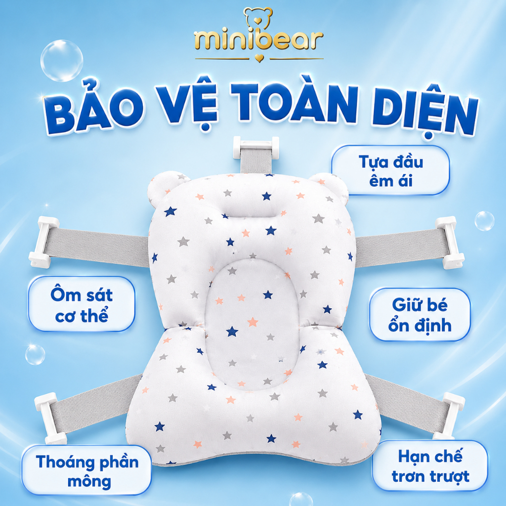 Phao Tắm Cho Bé Mini Bear Thiết Kế Ôm Dáng - Đệm Lót Chậu Tắm Sơ Sinh Cao Cấp