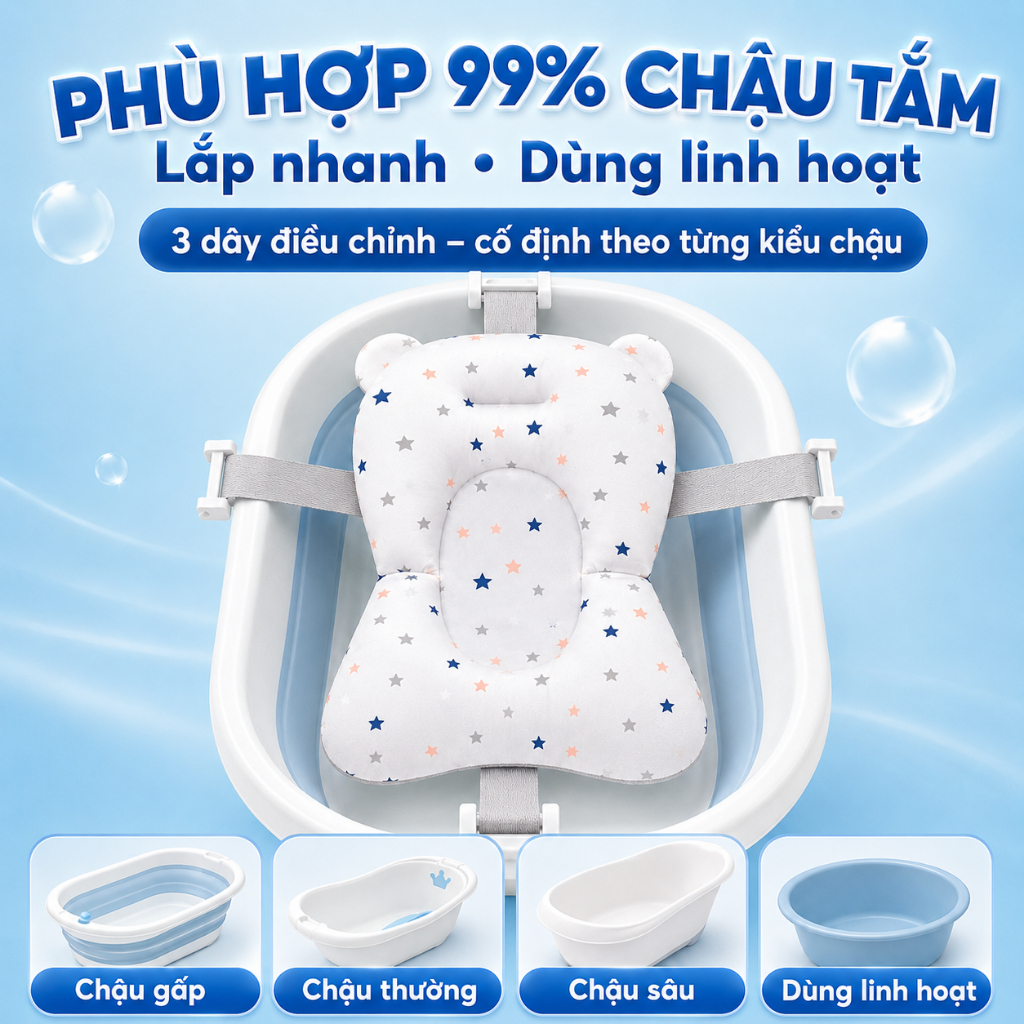 Phao Tắm Cho Bé Mini Bear Thiết Kế Ôm Dáng - Đệm Lót Chậu Tắm Sơ Sinh Cao Cấp