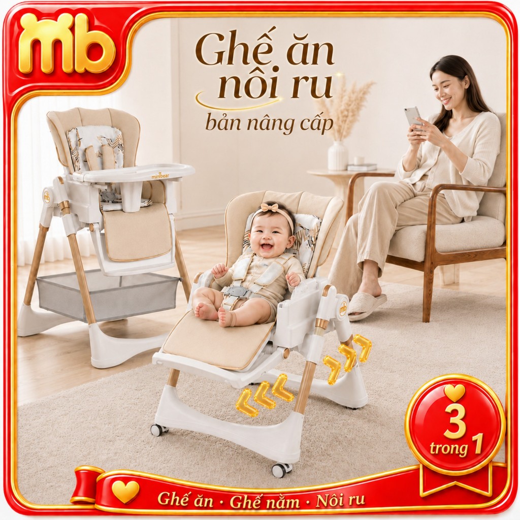 Ghế ăn dặm đu đưa MiniBear Pro B3 Nhật – Bản nâng cấp, 2in1 gấp gọn, chất liệu cao cấp, an toàn cho bé