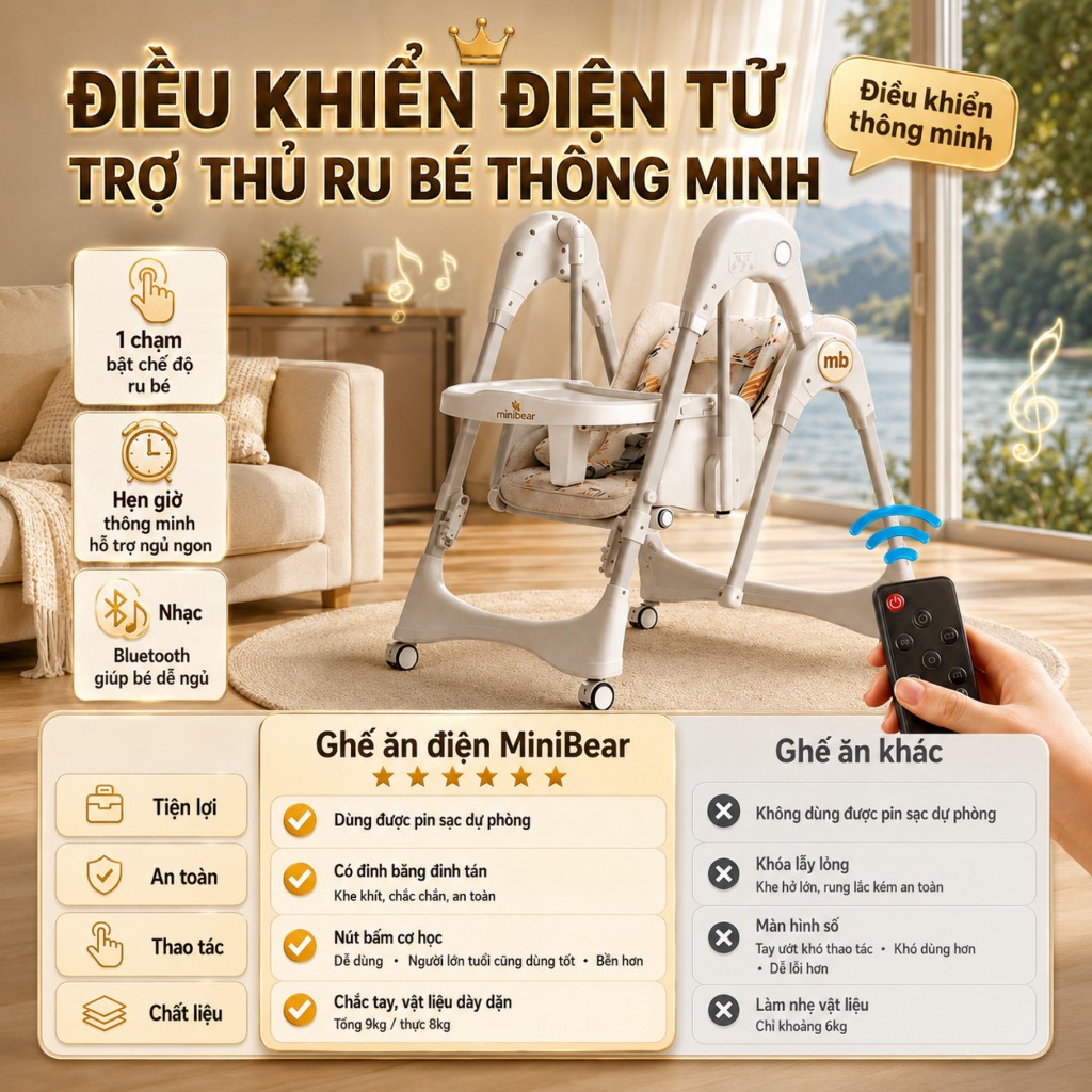 Xích Đu Điện MiniBear B4 – Tự Động Đu Đưa, Dùng Cho Bé Sơ Sinh, Gấp Gọn Tiện Lợi