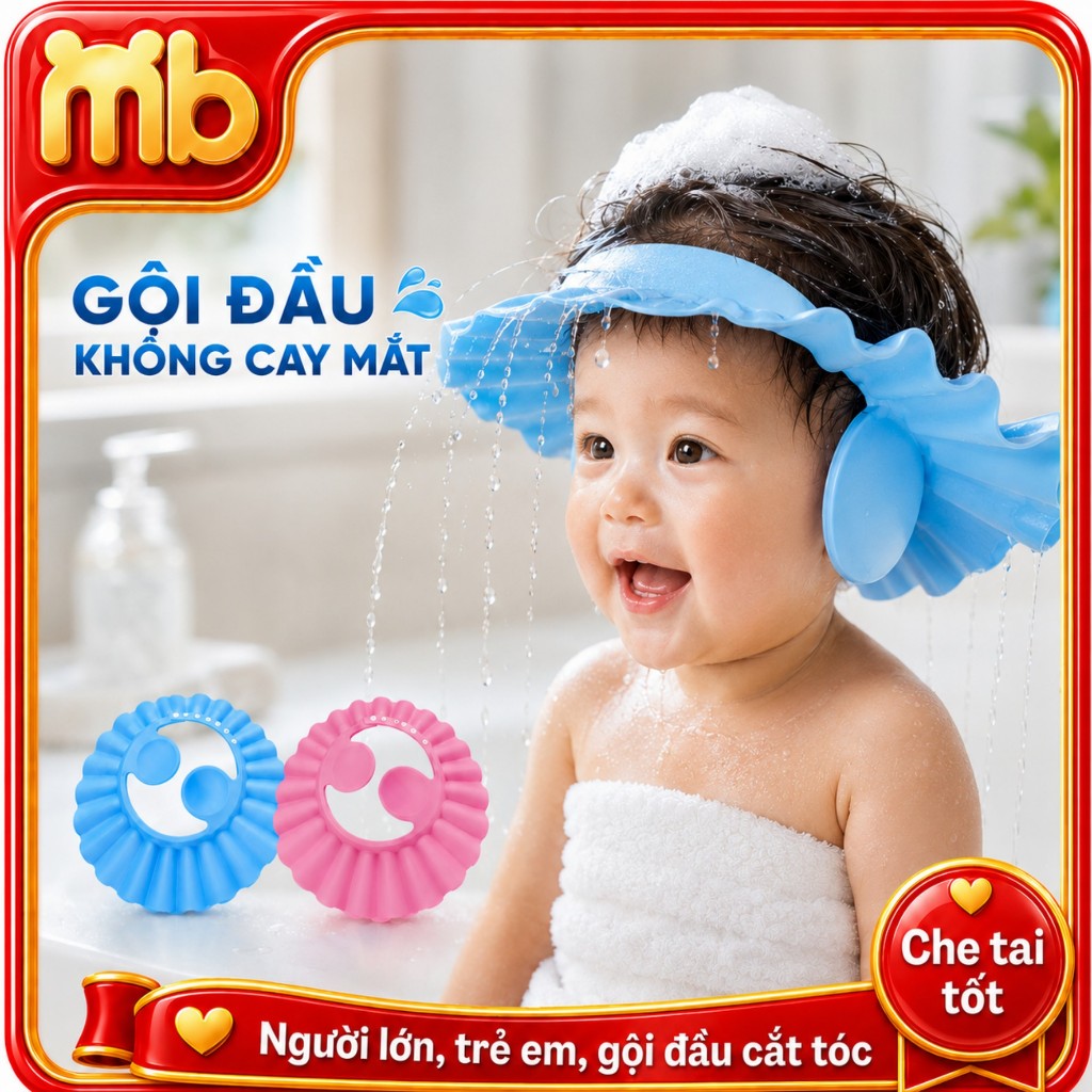 Mũ gội đầu chắn nước vào mắt cho bé , nón tắm chống nước vào tai an toàn, dùng cho trẻ sơ sinh, em béMũ gội đầu c