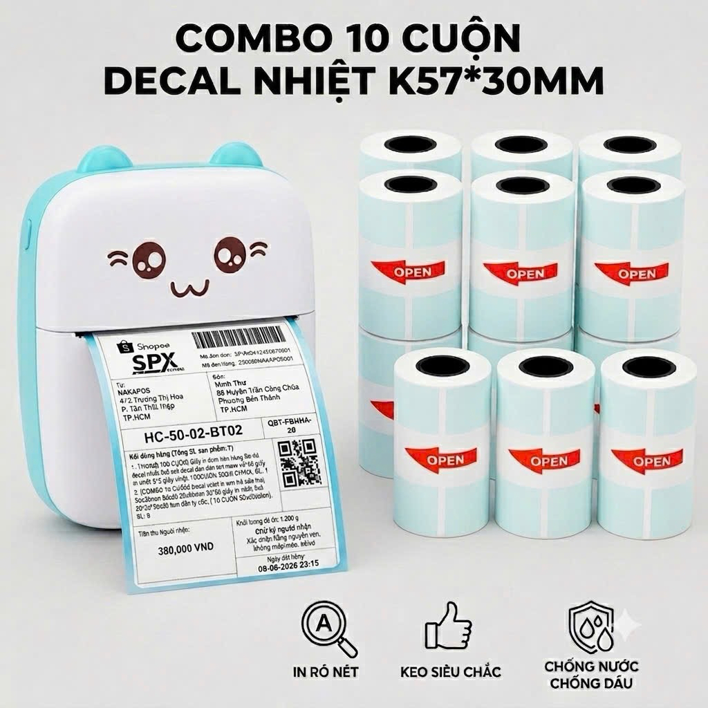 [COMBO 10 CUỘN] Giấy in nhiệt K57x30 K58x30 K58x37 K52 DÁN ĐƯỢC cho máy in Bluetooth in vận đơn tem decal mini LIÊN TỤC